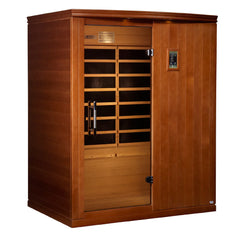 Golden Designs Elite Madrid Limited 3-person sauna with low EMF and far infrared therapy, featuring wooden interior and control panel.