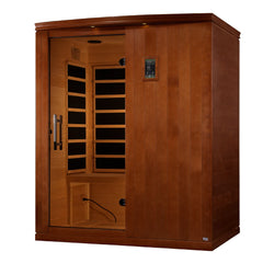 Golden Designs Elite Madrid Limited 3-person ultra low EMF far infrared sauna with wooden interior and control panel.