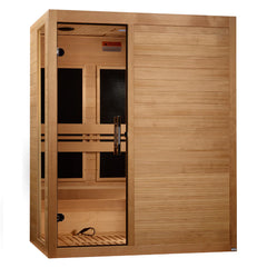 Golden Designs Toscana 3-person ultra low EMF FAR IR sauna with wooden interior and digital control panel.