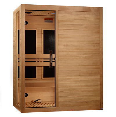 Golden Designs Toscana 3-person ultra low EMF FAR IR sauna with wooden interior and digital control panel.