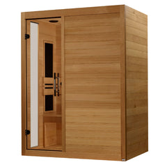 Golden Designs Venice Limited Elite 2-person ultra low EMF FAR IR sauna with wooden interior and glass door.