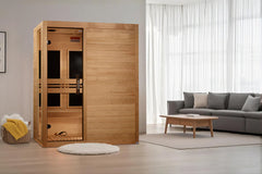 Golden Designs Venice Limited Elite sauna with two-person seating, ultra-low EMF FAR IR heating panels and wood interior.