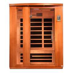 Golden Designs Elite Dynamic Lugano 3-person sauna with low EMF FAR infrared panels and sleek wooden interior.