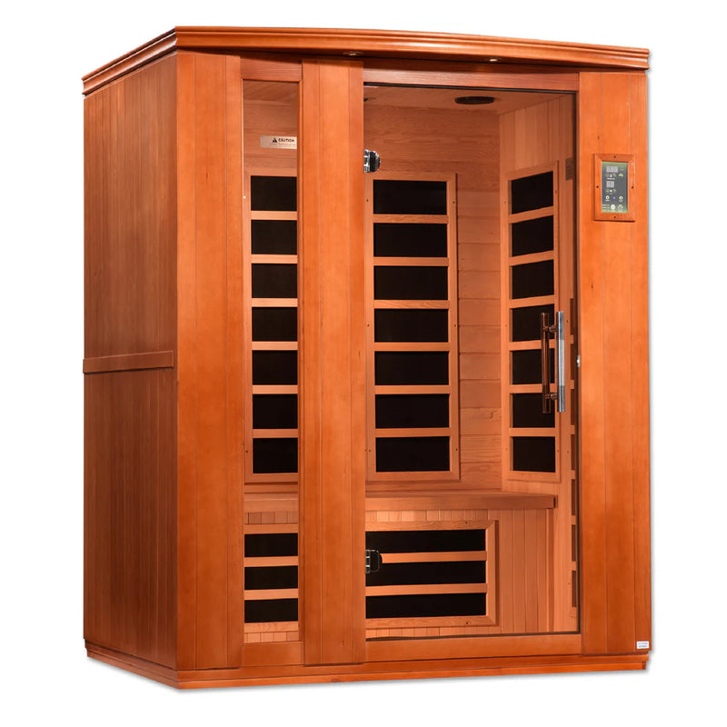 Golden Designs Elite Dynamic Lugano 3-person ultra-low EMF FAR IR sauna with wood interior and control panel.