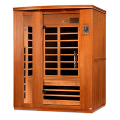 Three-person low EMF far infrared sauna by Golden Designs Inc., showcasing the wooden interior and spacious design.