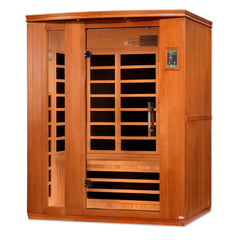 Golden Designs Elite Dynamic Lugano 3-person sauna with low EMF far infrared panels and wooden interior.