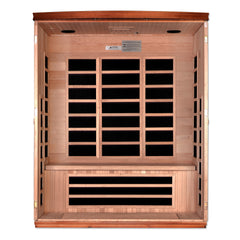 Three-person low EMF far infrared sauna by Golden Designs Inc. featuring wooden interior and control panel for relaxing heat therapy.
