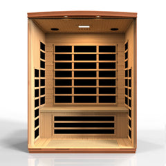 Golden Designs Elite Dynamic Lugano 3-person sauna with low EMF and FAR IR heating, featuring wooden interior and modern design.