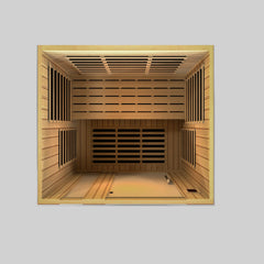 Three-person Golden Designs Inc. low EMF far infrared sauna with wooden interior and glass door, designed for relaxing wellness sessions.