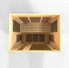 Golden Designs Elite Dynamic Lugano 3-person ultra low EMF FAR IR sauna with wooden interior and control panel.