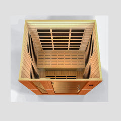 Three-person Golden Designs Inc. low EMF FAR IR sauna, showcasing the spacious interior with wooden benches and sauna controls.