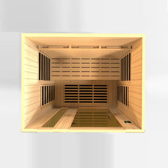 Golden Designs Lugano 3-person full spectrum infrared sauna with wooden interior and control panel for relaxation and wellness.