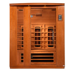 Golden Designs Lugano 3-person full spectrum infrared sauna with wooden interior and control panel, designed for home wellness.