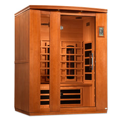 Golden Designs Lugano 3-person full spectrum infrared sauna with glass door and wooden interior, ideal for relaxation and wellness.