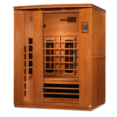 Golden Designs Inc. Lugano 3-person full spectrum IR sauna with wooden interior, control panel, and glass door for relaxing heat therapy