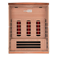 Golden Designs "Lugano" 3-person full spectrum infrared sauna with wooden interior and glass door.