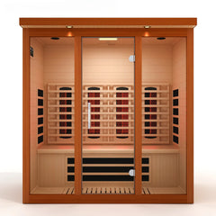 Golden Designs Vila Grande 4-person full spectrum Nero Zero EMF FAR IR sauna with modern design and full glass front.