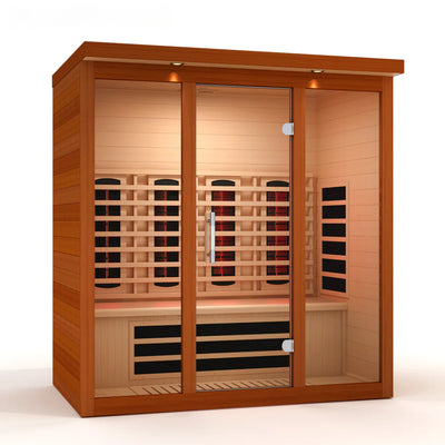 Golden Designs Vila Grande 4-Person Full Spectrum Nero Zero EMF FAR IR Sauna, new 2026 model with sleek wooden panels.