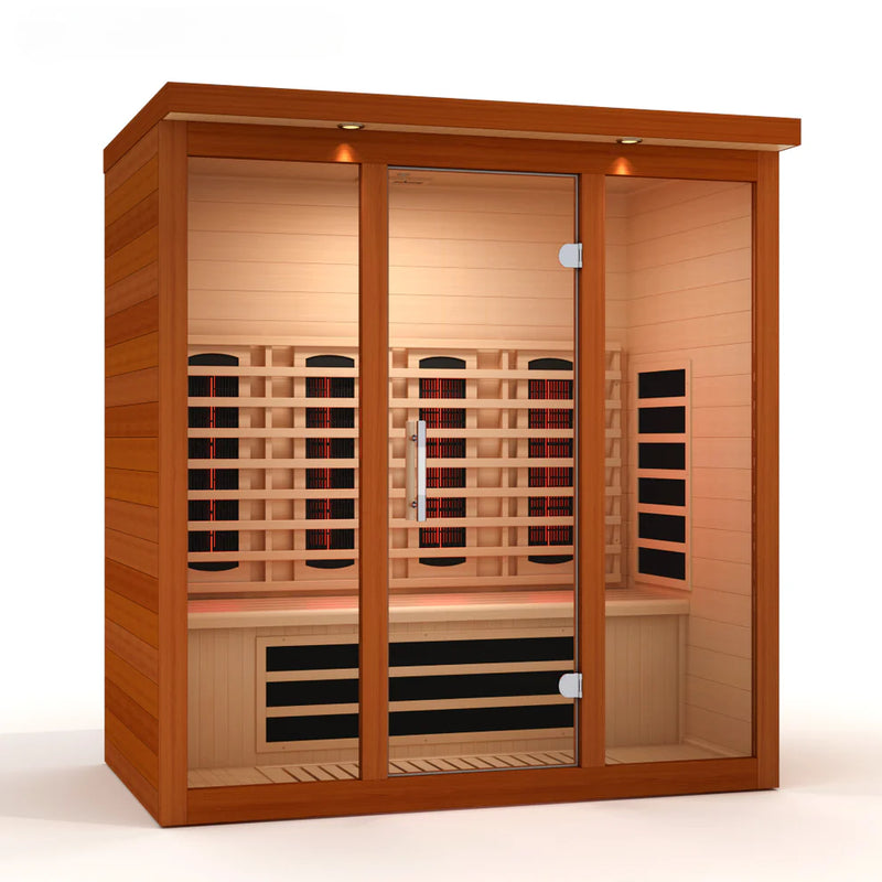 Golden Designs Vila Grande 4-Person Full Spectrum Nero Zero EMF FAR IR Sauna, new 2026 model with sleek wooden panels.