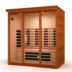 Golden Designs Vila Grande 4-person full spectrum Nero Zero EMF FAR IR sauna with modern design and full glass front.