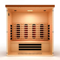 Golden Designs Vila Grande 4-person sauna with full spectrum Nero Zero EMF FAR IR, showcasing the modern interior and exterior design.