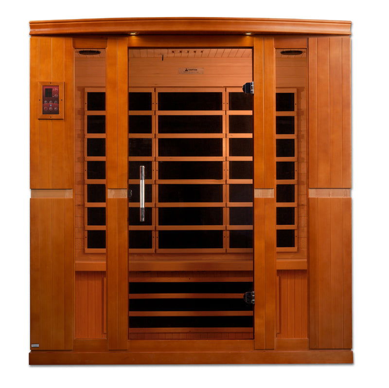 Golden Designs Inc. Bergamo 3x3 low EMF FAR IR sauna with four-person capacity and modern wooden interior.