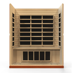 Golden Designs Inc. Bergamo 4-person low EMF FAR infrared sauna with wood interior and glass front panel.