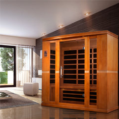 Golden Designs Inc. Bergamo 3x3 4-person low EMF far infrared sauna with interior wooden benches and digital control panel.