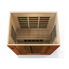 Golden Designs Inc. Bergamo 3x3 low EMF far infrared sauna designed for four people with natural wood interior and window views