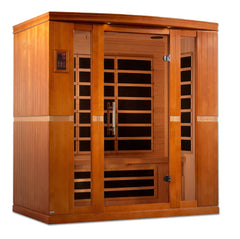 Golden Designs Bergamo 4-person ultra-low EMF far infrared sauna with wooden interior and glass door.