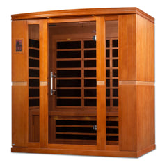 Golden Designs Elite Dynamic Lugano 3-person infrared sauna with low EMF and far IR heating, shown in a spacious, modern interior.