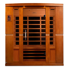 Golden Designs Elite Dynamic Lugano 3-person ultra low EMF FAR IR sauna with wooden interior and control panel.