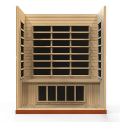 Golden Designs Elite Dynamic Lugano 3-person sauna with low EMF and FAR IR heating, shown with wooden interior and seating.