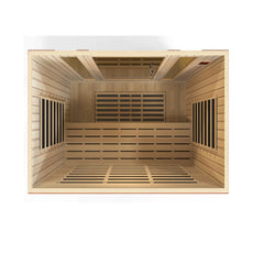 Golden Designs Elite Bergamo 4-person infrared sauna with low EMF and far IR heating, featuring a sleek 3x3.5 foot design.