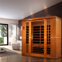 Golden Designs Elite Dynamic Lugano 3-person sauna with ultra low EMF FAR IR heating, shown in a modern, spacious interior.