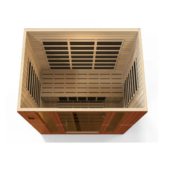 Golden Designs Bergamo 4-person ultra low EMF far infrared sauna with wooden interior and glass door, designed for home relaxation.