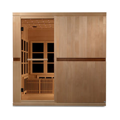 Golden Designs Inc. Elite Catalonia 8-person near zero EMF FAR IR sauna with wooden interior and control panel.