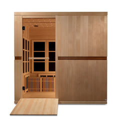 Golden Designs Inc. Elite Catalonia 8-person near zero EMF FAR IR sauna with glass door and wooden interior.