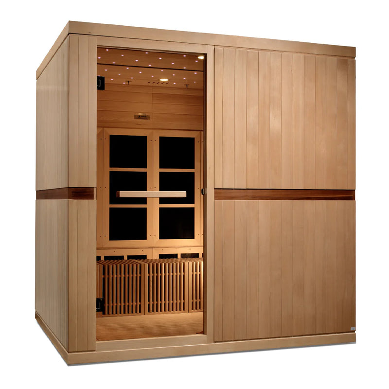 Golden Designs Inc. Elite Catalonia 8-person near zero EMF far infrared sauna with wooden interior and digital control panel.