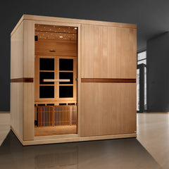 Golden Designs Inc. Catalonia 8-person near zero EMF FAR IR sauna with wooden interior and yoga space in a modern home setting
