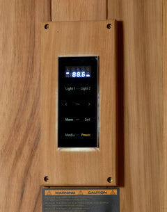 Golden Designs Sundsvall traditional 2-person sauna control panel with digital display and wooden frame.