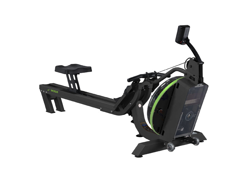 Dynamic Fluid Fitness M350 Water Rower rowing machine with wooden frame and water resistance system.