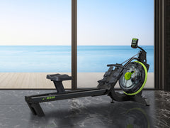Dynamic Fluid Fitness M350 Water Rower rowing machine with wood finish and adjustable resistance for full-body workouts.