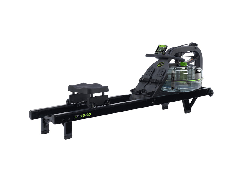Dynamic Fluid Fitness S660 FORGE rowing machine with adjustable console and sturdy frame, ideal for full-body cardio workouts.