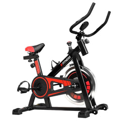 Black Trustymall spin bike with adjustable seat and flywheel for home or gym cardio workouts, shown from side angle.