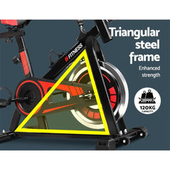 Black Trustymall spin bike with adjustable handlebars and flywheel for home and gym indoor cycling workouts.