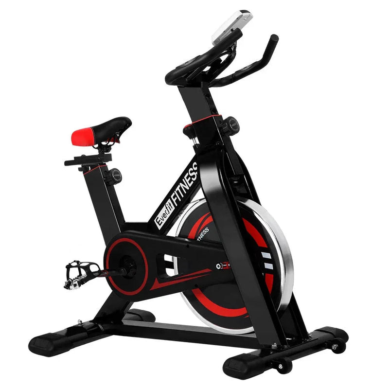 Black Trustymall Everfit Spin Exercise Bike with adjustable seat and handlebars for indoor cycling workouts.
