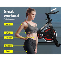 Black Trustymall Everfit Spin Exercise Bike with adjustable seat and handlebars for home and gym cycling workouts.