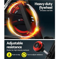 Black Trustymall Everfit Spin Exercise Bike for home and gym workouts with adjustable seat and handlebars.