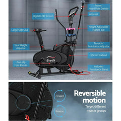 Trustymall Everfit 6-in-1 elliptical cross trainer exercise bike showing black frame and adjustable seat in a home gym setting.